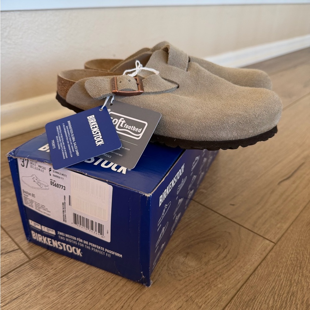 Birkenstock women’s taupe Suede Slip-Ons